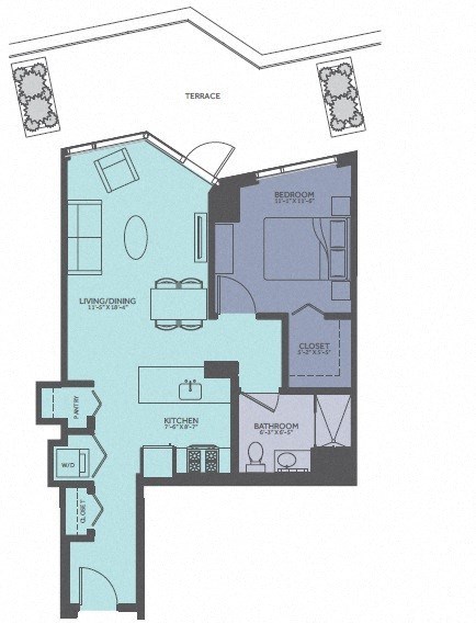 Floor plan for 1 bed, 1 bath, 735 sqft